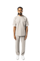 بنطلون رمادي مستقيم الساق للجنسين مع حزام خصر وأرب...