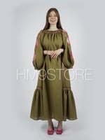 فستان زيتي لنن مطرز