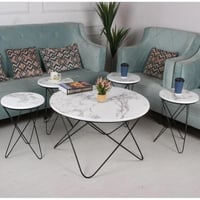 طقم طاولات 1+4 بسطح خشب لون أبيض شبيه الرخام