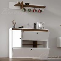 ركن قهوة أبيض بلمسات خشبية وأبواب قلابة مع رف تعلي...