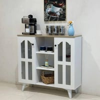 طاولة ركن قهوة وبوفيه أبيض بأبواب زجاجية وسطح خشبي