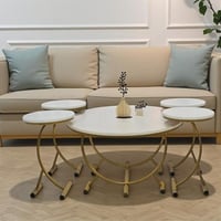 طقم طاولات ضيافة 5 قطع سطح أبيض وقواعد ذهبية مقوسة...