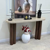 طاولة مدخل كونسول بسطح خشب بيج وقواعد بنية أسطواني...