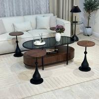 طقم طاولات ضيافة 5 قطع (وسط بيضاوية زجاج وخشب + 4...