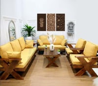 طقم جلوس خارجي خشبي 7 مقاعد وسائد صفراء وطاولة وسط...