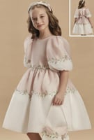 فستان اورقنزا لون بني فاتح مزين بقطع الورد + حقيبه...