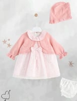 فستان مواليد قطن + جاكيت + قبوع شعر + كلوت