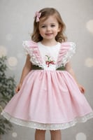 فستان كاروهات وردي بتطريز عالصدر