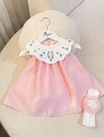 فستان مواليد مع ياقه مطرزه من ٦ اشهر الى سنتين + ر...