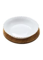 طبق سيراميك مع قاعدة خشب لتقديم المأكولات والفواكه