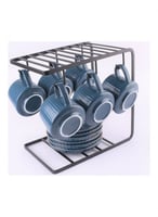 اكواب قهوة سيراميك بألوان هادئة مع أطباق وحامل تجف...