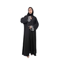 عباية كريب انترنت سوداء كلوش بكم وسيع مطرز زهور أب...