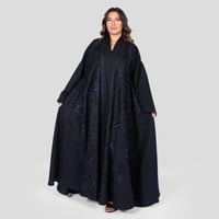 عباية لف دبل كلوش نسائية سوداء كتان مطرزة بورود لو...