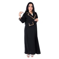 عباية لف كتان بليزر سوداء بتدخيلات قماش نمري على ا...