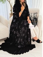 عباية توهج قماش شيفون مبطن اسود طبعات فضيه