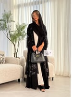 عباية توهج قماش شيفون مبطن اسود طبعات فضيه