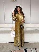 جلابية حسناء مخملية ذهبيه بتطريز ترتر مميز