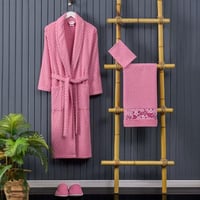 طقم روب استحمام كارلينا مفرد تركي قطن مطرز وردي عد...