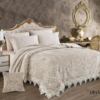 طقم بطانية ايزابيلا شتوي مزدوج مخمل مطرز بيج عدد ا...