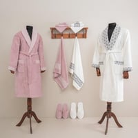 طقم أرواب استحمام نومي قطن تركي مطرز أبيض و وردي ع...