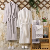 طقم روب استحمام بيترا تركي قطن مزدوج كريمي و ورصاص...