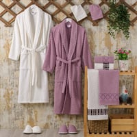 طقم روب استحمام بيترا تركي قطن مزدوج كريمي و ليلكي...