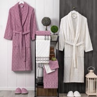 طقم روب استحمام فيرا تركي قطن مزدوج مطرز كريمي و ل...