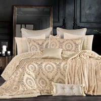 مفرش مرام مزدوج قطن مطرز بيج وذهبي عدد القطع 12