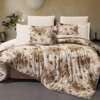 مفرش زيبرا مزدوج قطن فاخر بيج وزيتي برسومات الزهور...