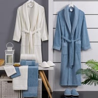 طقم روب استحمام ساينو تركي قطن مزدوج كريمي و أزرق...