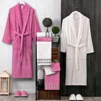 طقم روب استحمام فيرا تركي قطن مزدوج مطرز كريمي و و...