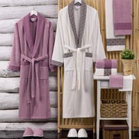 طقم روب استحمام فيينا تركي قطن مزدوج مطرز كريمي و...