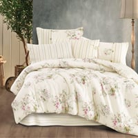 مفرش إنسجام صيفي قطن كريمي وأخضر برسومات الزهور