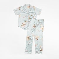 طقم بيجامة نسائية بملمس الساتان الناعم وبياقة سماو...