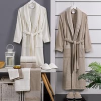 طقم روب استحمام ساينو تركي قطن مزدوج كريمي و بيج ع...