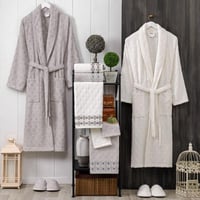 طقم روب استحمام فيرا تركي قطن مزدوج مطرز كريمي و ر...