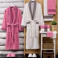 طقم روب استحمام فيينا تركي قطن مزدوج مطرز كريمي و...