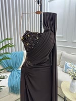 فستان سهرة بني بتطريز فاخر وكورسيه