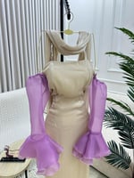 فستان ناعم توب بأكمام منفصلة وشال خارجي لون سكري