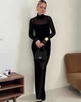 فستان ماكسي شبكي طويل برقبة مدورة - أسود