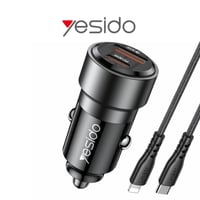 yesido - شاحن سيارة بمنفذين USB+PD مع كيبل ايفون P...