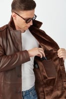 معطف فرو بني للرجال من الجلد الطبيعي من DERIZA - أ...