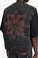 جاكيت دينم بدون أكمام - أسود - رقبة V مخططة و4 جيو...