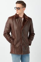 معطف فرو بني للرجال من الجلد الطبيعي من DERIZA - أ...