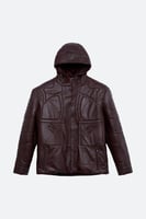 جاكيت جلدي - كستنائي قديم - غطاء رأس وسحاب خامة جل...