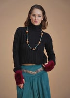 سترة سوداء محبوكة بوهيمية أكمام طويلة دفء أنيق Ban...