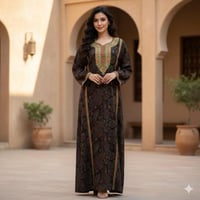 جلابية كشميري كم طويل مطرزة خيط