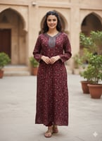 جلابية كشميري كم طويل بتطريز خفيف