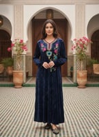 قميص مخمل كم طويل بتطريز في الصدر