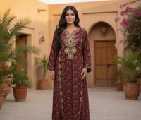 جلابية كشميري كم طويل مطرزة خيط